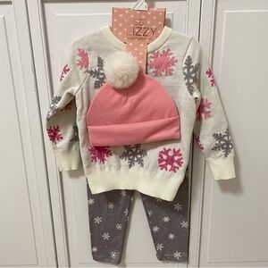 NWT Just Lizzy 3-Piece Set 3T Snowflake Winter Cozy Pink Grey White Holiday Snow